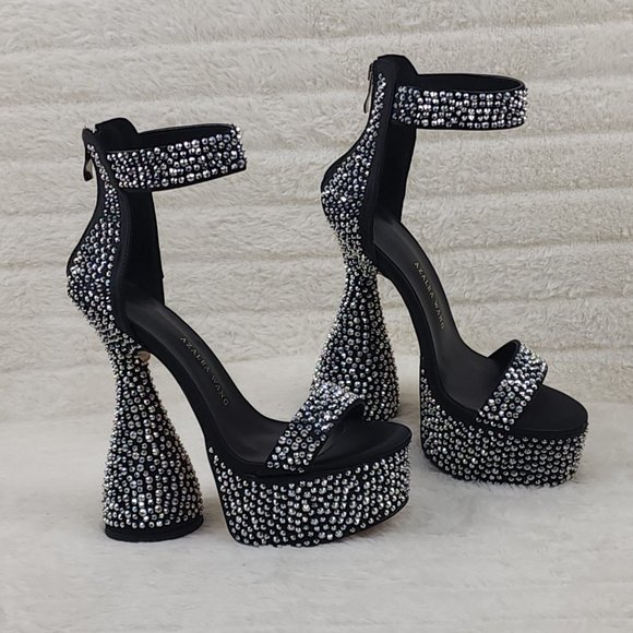 Black Satin & Silver Rhinestone Platform cylinder Heels YAR - Picture 3 of 9